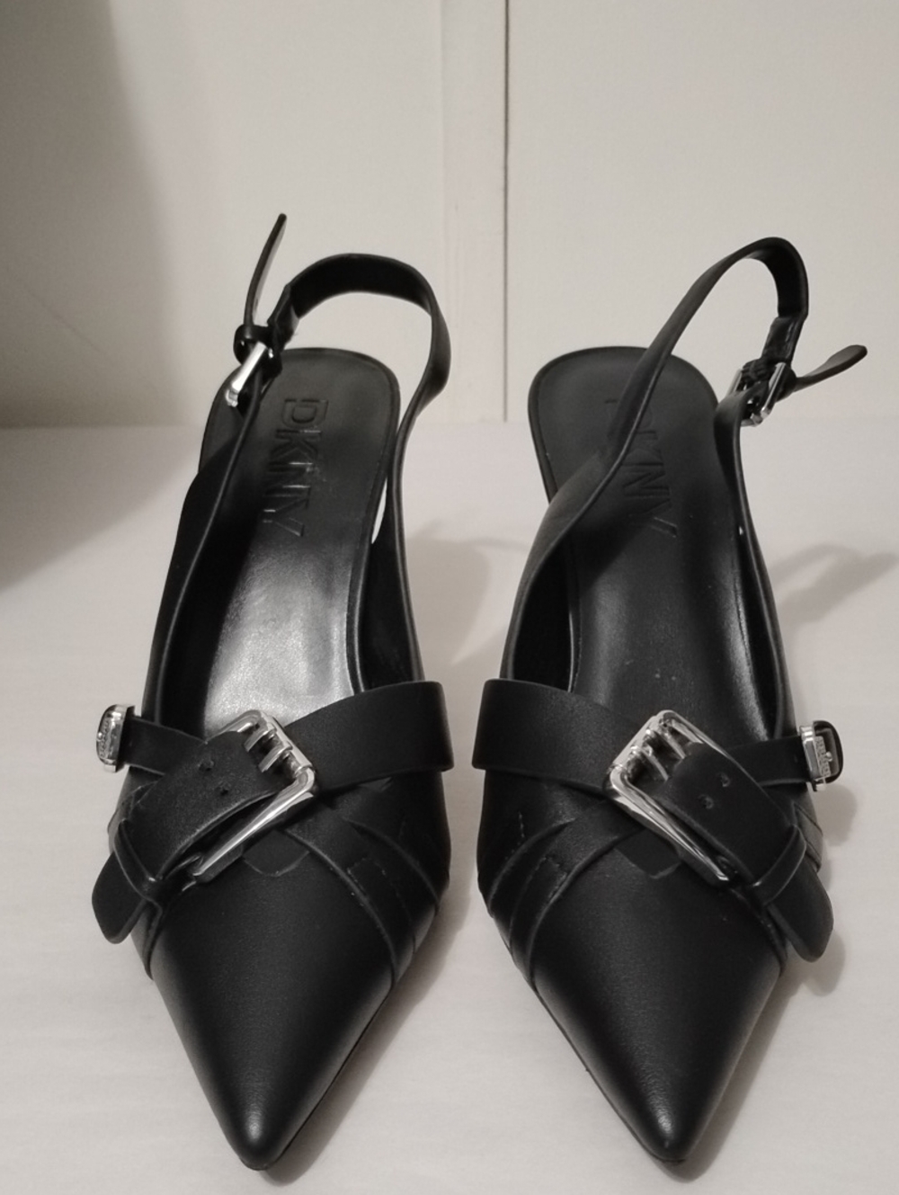 DKNY Black Pointed Slingback Heels with Silver Buckle Accent